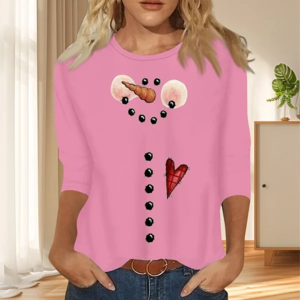 Ladies Casual Christmas Printed Top Round Neck 3/4 Sleeve Loose Women's T-Shirt - Image 25