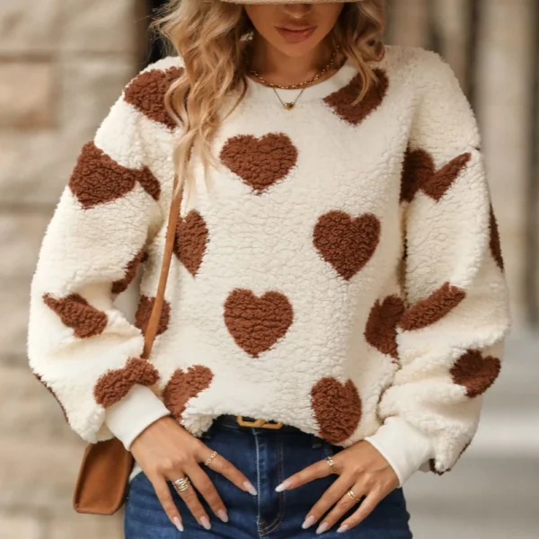 Plush love print long-sleeved crew-neck hoodie - Image 2