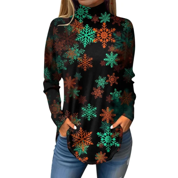 Women's Printed Pullover High Neck Fashion Long Sleeve Casual Christmas T-Shirt - Image 14