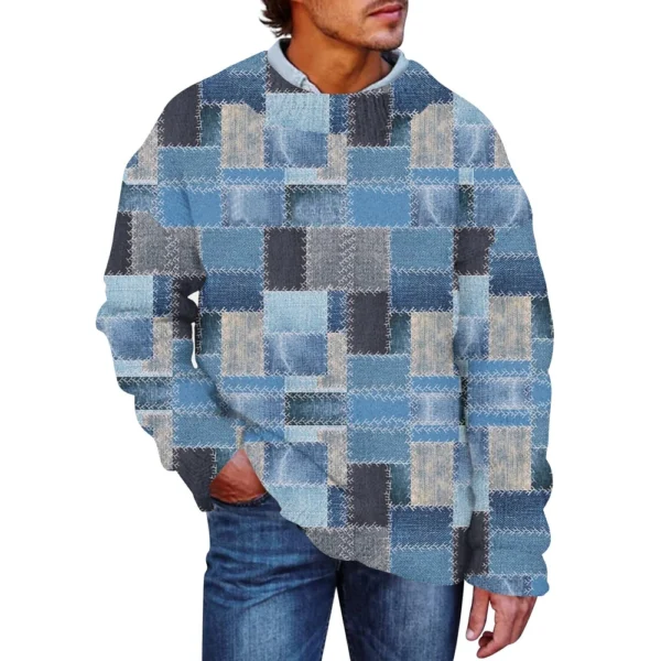 Men'S Printed Synthetic Sweater Round Neck Sportswear Loose Long Sleeved Top - Image 6