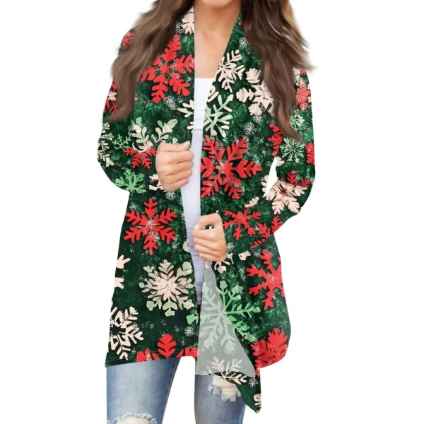 Women's Cardigan Christmas Printed Jacket Casual Medium Length Fashion Coat - Image 14