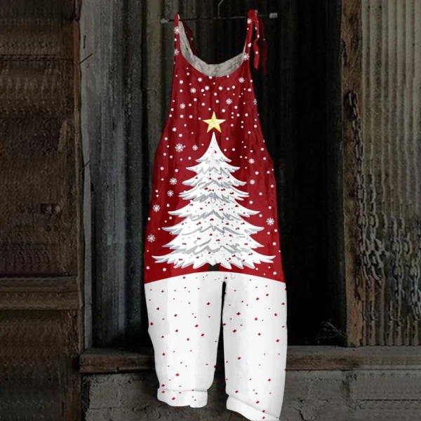 Women's Loose Vintage Shoulder Strap Print Casual Jumpsuit Christmas - Image 22