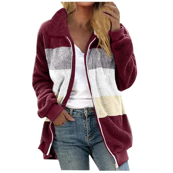 Women's Casual Color Blocking Loose Plush Zippered Flip Collar Jacket With - Image 2