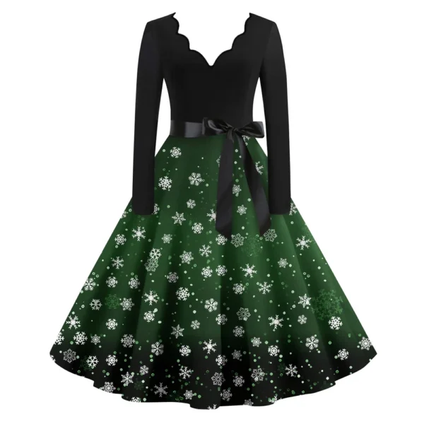 Women's Casual V-Neck Fashion Christmas Slim Long Sleeve Printed Dresses - Image 9