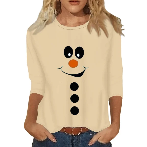 Women's Christmas Casual Round Neck T-Shirt Printed 3/4 Sleeve Loose Ladies Top - Image 20