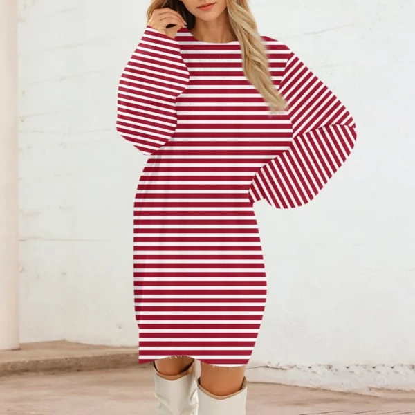 Women's Round Neck Casual Long Sleeve Plush Gradient Stripe Dresses - Image 27