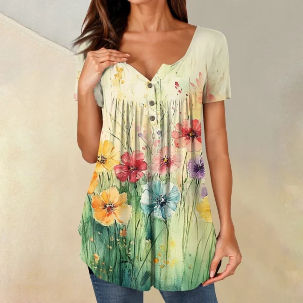 Women Tunic Tops Dressy Casual Summer Short Sleeve Shirts Loose Fit Pleated - Image 46