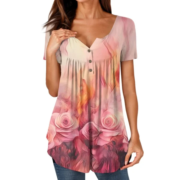 Women Tunic Tops Dressy Casual Summer Short Sleeve Shirts Loose Fit Pleated - Image 44