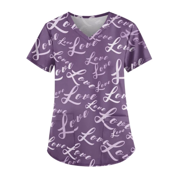 Women's Cute Printed Work Clothes V-neck Double Layer Pockets Basic Short - Image 43