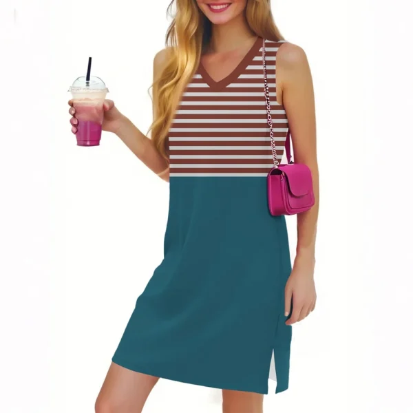 Women's Casual Fashion Sexy V-neck Sleeveless Striped Hem Slit Dress - Image 37