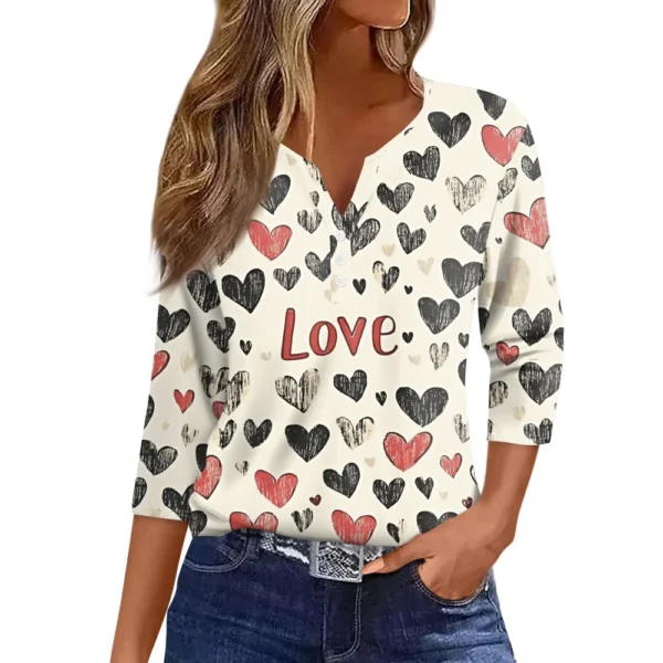 Women's T Shirt Tee Valentine's Day Print Button 3/4 Sleeve Daily Weekend - Image 5