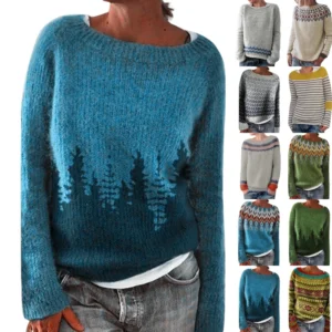 Women's Fashionable Casual Printed Round Neck Pullover Loose Long Sleeved