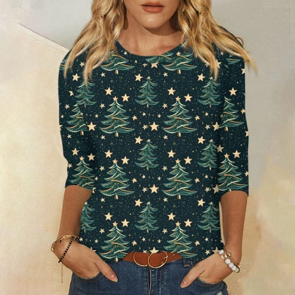 Ladies Loose Casual Round Neck T-Shirt Printed 3/4 Sleeve Christmas Women's Top - Image 16