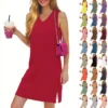 Women's Casual Fashion Sexy V-neck Sleeveless Solid Color Hem Slit Dress
