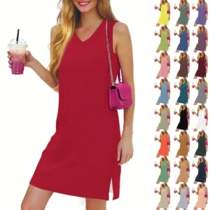 Women's Casual Fashion Sexy V-neck Sleeveless Solid Color Hem Slit Dress