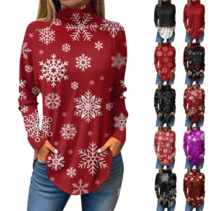 Women's Casual Christmas High Neck Pullover Long Sleeve Printed Fashion T-Shirt