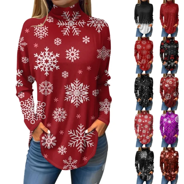 Women's Casual Christmas High Neck Pullover Long Sleeve Printed Fashion T-Shirt