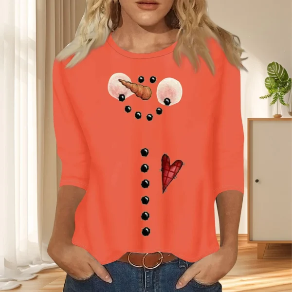 Ladies Casual Christmas Printed Top Round Neck 3/4 Sleeve Loose Women's T-Shirt - Image 34