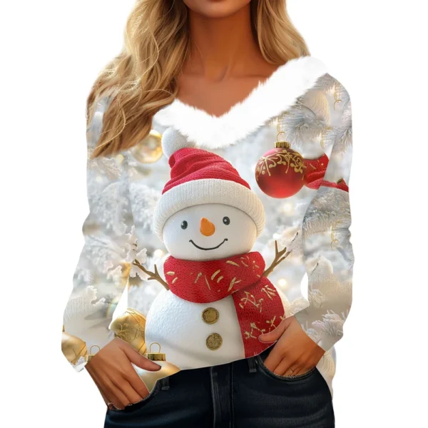 Women's Long Sleeve Christmas Printed Party Plush Neck Wide Casual V-Neck Top - Image 6
