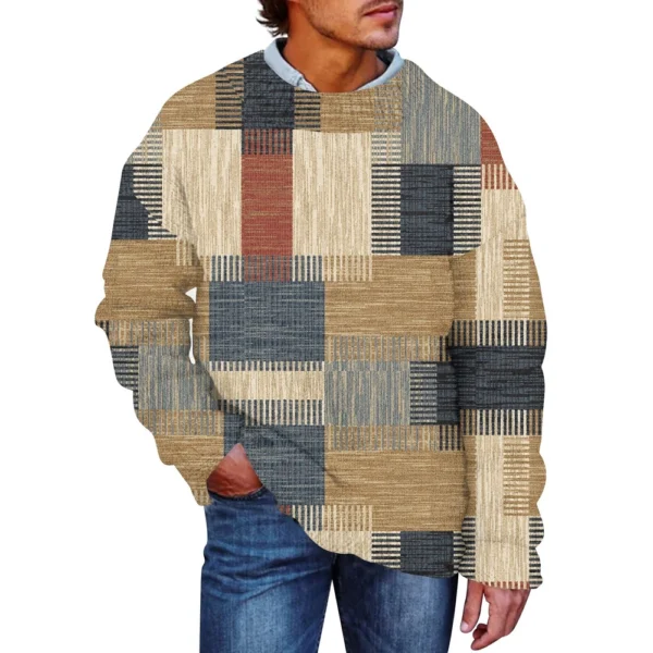 Men'S Printed Synthetic Sweater Round Neck Sportswear Loose Long Sleeved Top - Image 4