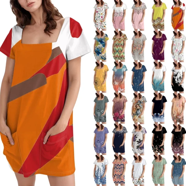 Women's Square Collar Short Sleeve Fashion Skirt Floral Print Pocket Casual - Image 11