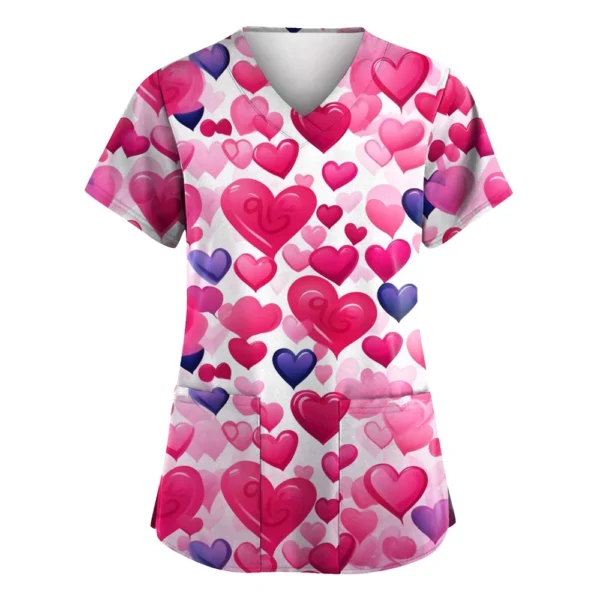 Women's Valentine's Day Printed  Uniform Work Uniform V-Neck Pocket Protective - Image 23