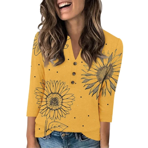 Women's Fashion Casual Loose 3/4 Sleeve Printed Round Neck Top - Image 10