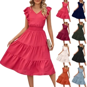 Women's Casual Summer Dress Sleeveless Ruffles V-neck Loose Long Dress  Loose