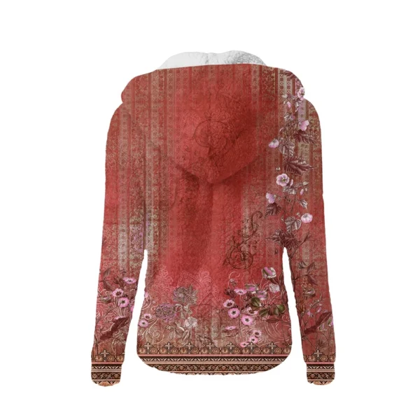 Women's Fashion Retro Floral Print Hooded Plush Casual Top Zipper Jacket - Image 12