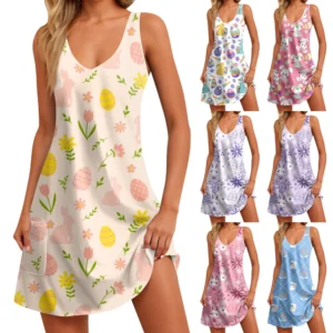 Women's Fashion Casual Printed Easter Loose Dresses Sundresses Summer Dress