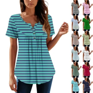 Women Tunic Tops Dressy Casual Summer Short Sleeve Shirts Loose Fit Pleated