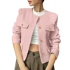Women's Solid Color Round Neck Fashionable Button Decorated Short Jaket - Image 40