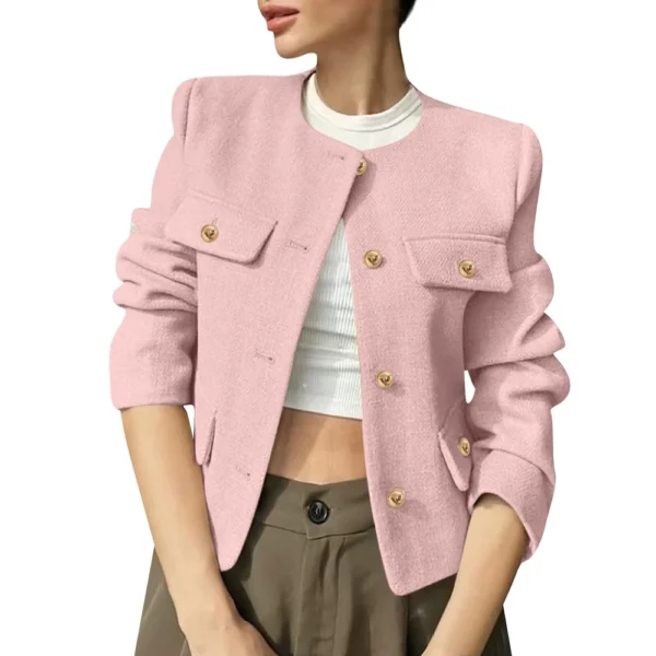 Women's Solid Color Round Neck Fashionable Button Decorated Short Jaket - Image 40