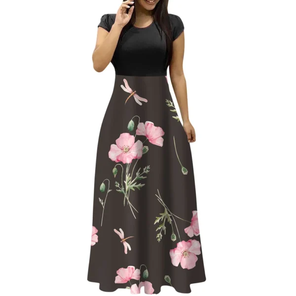 Women's Fashion Casual Loose Printed Round Neck Short Sleeve Long Dresses - Image 20