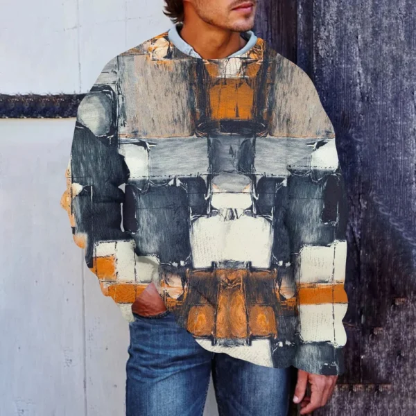 Men'S Printed Synthetic Sweater Round Neck Sportswear Loose Long Sleeved Top - Image 13