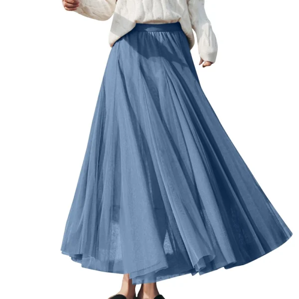 Women's Solid Color Mesh Skirt With Elastic Band Large Swing Mid Length Skirt - Image 6