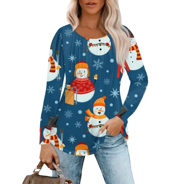 Women's Christmas Printed Top Round Neck Casual Pleated Long Sleeved T-Shirt - Image 13