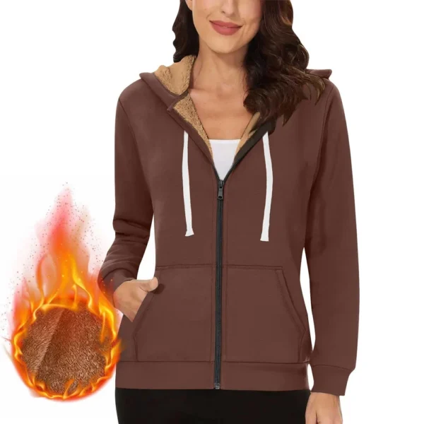 Lined Jacket Women Flannel Winter Warm Fleece Zip Up Hooded With Side Pockets - Image 17