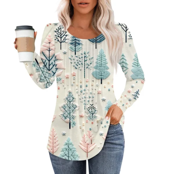 Women's Christmas Pleated Top Round Neck Casual Printed Long Sleeved T-Shirt - Image 31