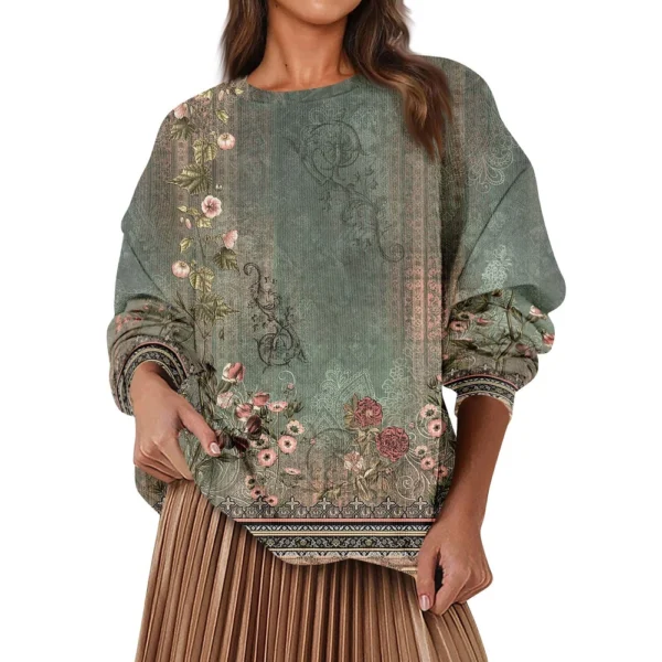 Women's Fashion Casual Round Neck Loose Long Sleeve Retro Printed Sweatshirt - Image 14