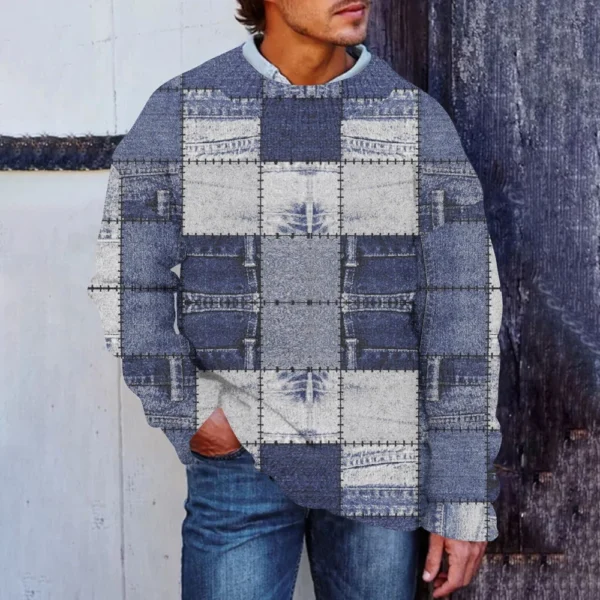 Men'S Printed Synthetic Sweater Round Neck Sportswear Loose Long Sleeved Top - Image 19