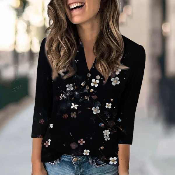 Women's Fashion Casual Loose 3/4 Sleeve Printed Round Neck Top - Image 36