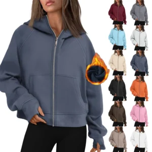 Women's Solid Color Zip-up Collar Hoodie With Sleeves And Fleece Hoodie Coat