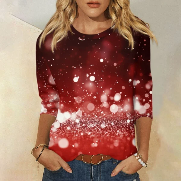 Ladies Loose Casual Round Neck T-Shirt Printed 3/4 Sleeve Christmas Women's Top - Image 43