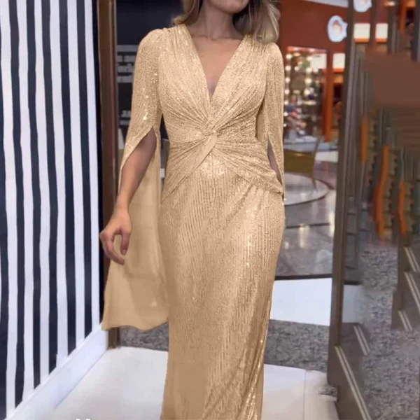 Women's Fashionable Solid Color V Neck Sequin Sexy Evening Dress Party Long - Image 10