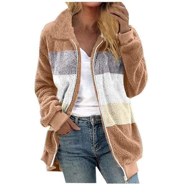 Women's Casual Color Blocking Loose Plush Zippered Flip Collar Jacket With - Image 7