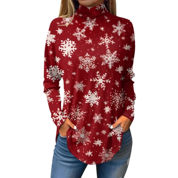 Women's Casual Printed High Neck Fashion Long Sleeve Pullover Christmas T-Shirt - Image 5