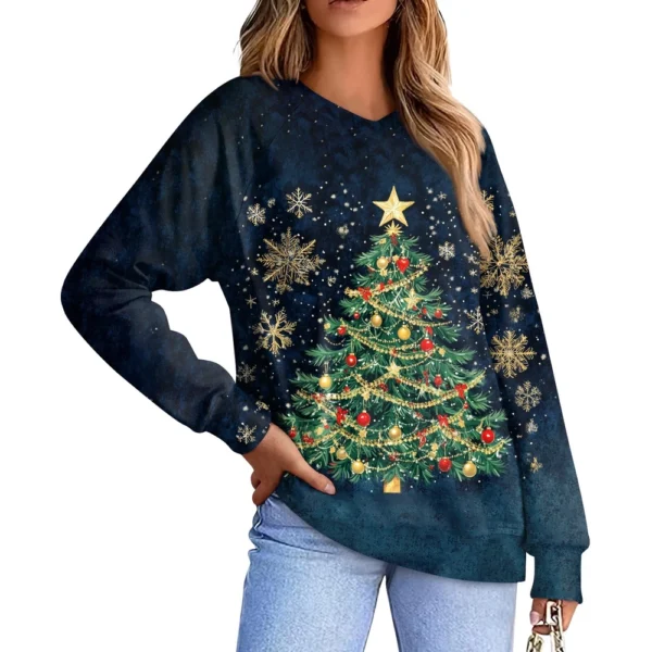Women's Casual Fashion Comfortable Raglan Sleeve V-Neck Christmas Print - Image 2