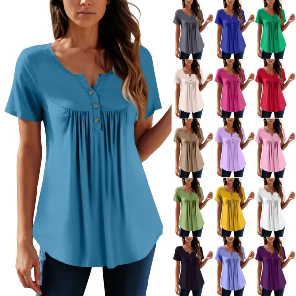 Women Tunic Tops Dressy Casual Summer Short Sleeve Shirts Loose Fit Pleated