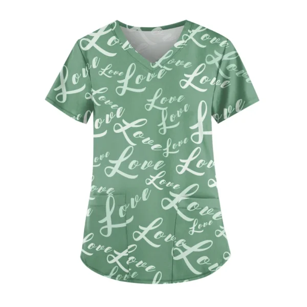 Women's Cute Printed Work Clothes V-neck Double Layer Pockets Basic Short - Image 31
